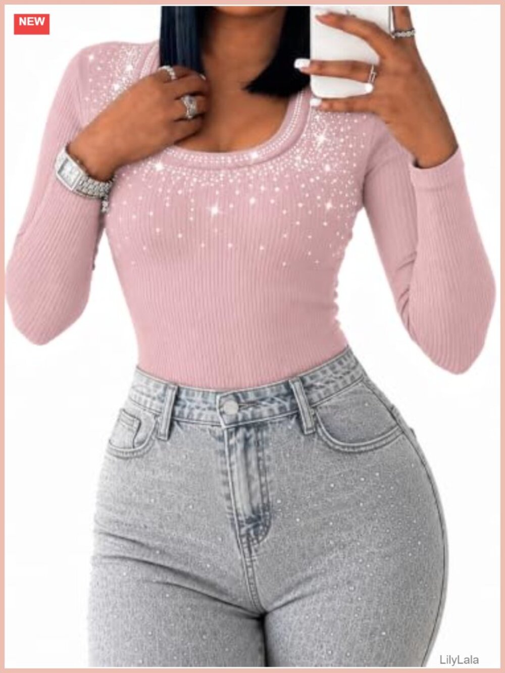 Rhinestone Neck Long Sleeve Ribbed Top Going Out Party Concert Y2K Glam